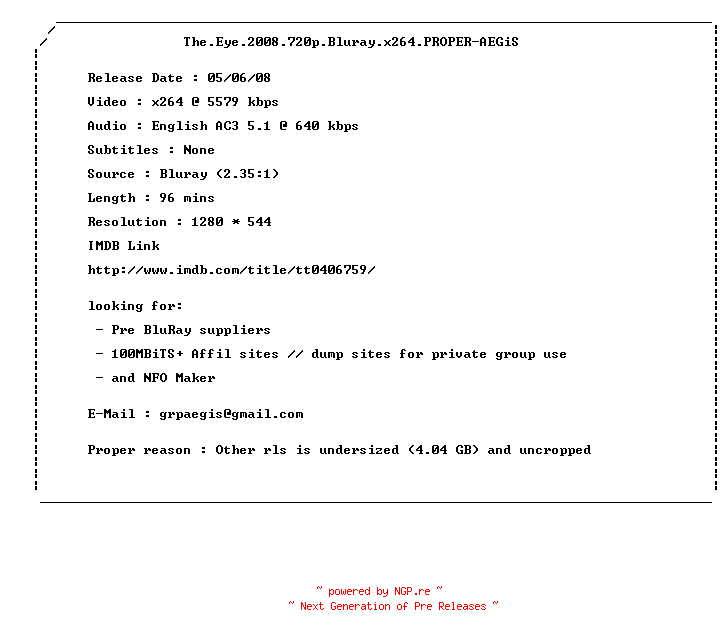 NFO for the release The.Eye.2008.720p.Bluray.x264.PROPER-AEGiS by AEGiS