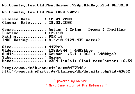 NFO for the release No.Country.for.Old.Men.German.720p.BluRay.x264-DEFUSED by DEFUSED