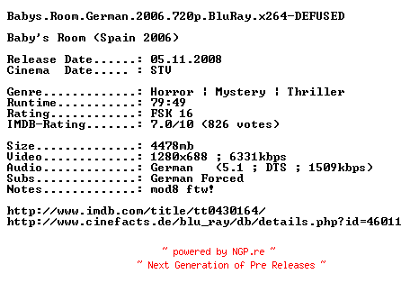 NFO for the release Babys.Room.German.720p.BluRay.x264-DEFUSED by DEFUSED