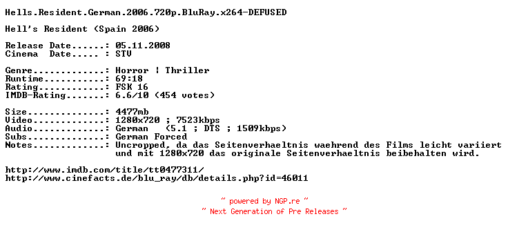 NFO for the release Hells.Resident.German.720p.BluRay.x264-DEFUSED by DEFUSED