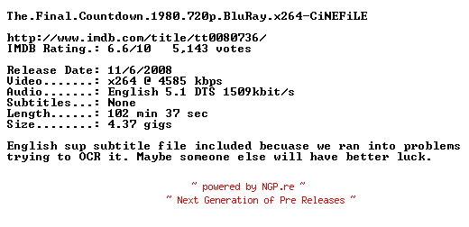 NFO for the release The.Final.Countdown.1980.720p.BluRay.x264-CiNEFiLE by CiNEFiLE