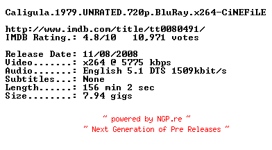 NFO for the release Caligula.1979.UNRATED.720p.BluRay.x264-CiNEFiLE by CiNEFiLE