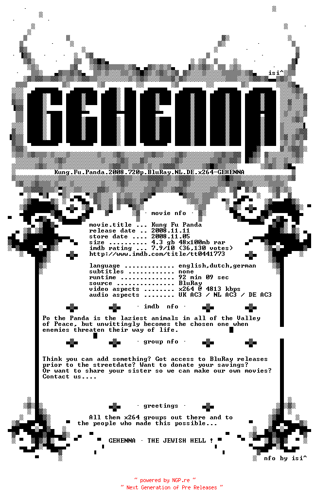 NFO for the release Kung.Fu.Panda.2008.720p.BluRay.NL.DE.x264-GEHENNA by GEHENNA