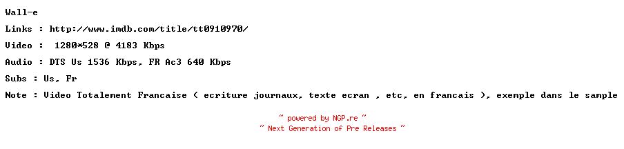 NFO for the release WALL-E.MULTi.720p.BluRay.x264-ForceBleue by ForceBleue