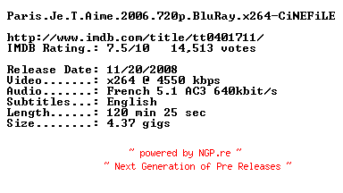 NFO for the release Paris.Je.T.Aime.2006.720p.BluRay.x264-CiNEFiLE by CiNEFiLE