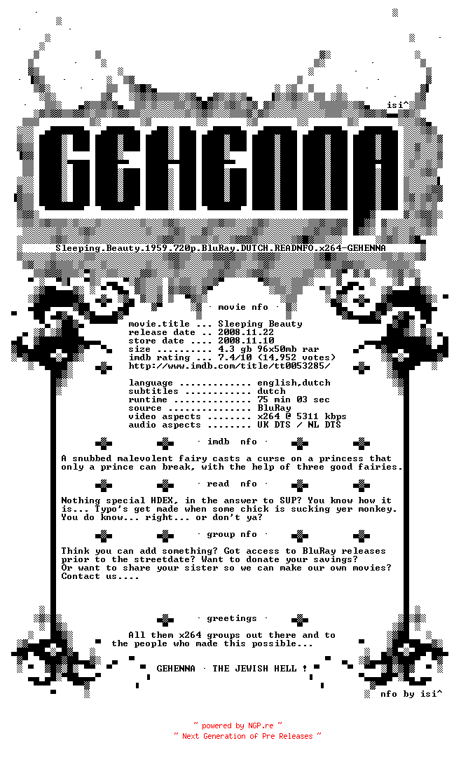 NFO for the release Sleeping.Beauty.1959.720p.BluRay.DUTCH.READNFO.x264-GEHENNA by GEHENNA