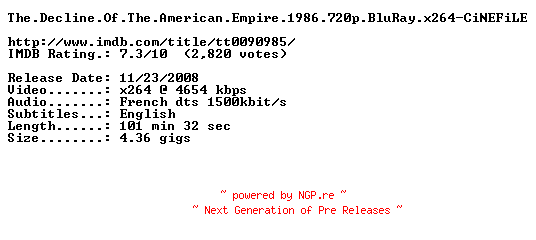 NFO for the release The.Decline.Of.The.American.Empire.1986.720p.BluRay.x264-CiNEFiLE by CiNEFiLE
