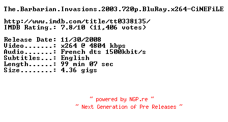 NFO for the release The.Barbarian.Invasions.2003.720p.BluRay.x264-CiNEFiLE by CiNEFiLE