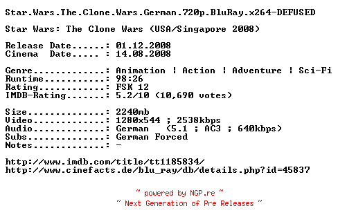 NFO for the release Star.Wars.The.Clone.Wars.German.720p.BluRay.x264-DEFUSED by DEFUSED