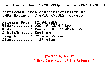 NFO for the release The.Dinner.Game.1998.720p.BluRay.x264-CiNEFiLE by CiNEFiLE