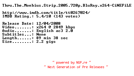 NFO for the release Thru.The.Moebius.Strip.2005.720p.BluRay.x264-CiNEFiLE by CiNEFiLE