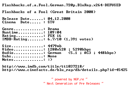 NFO for the release Flashbacks.of.a.Fool.German.720p.BluRay.x264-DEFUSED by DEFUSED