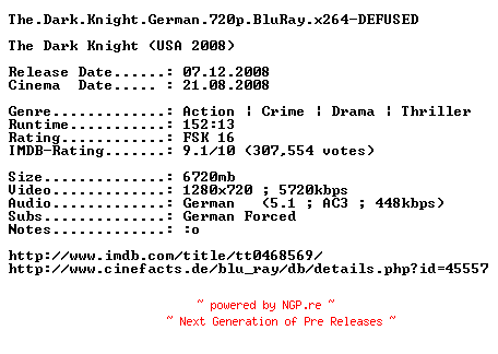 NFO for the release The.Dark.Knight.German.720p.BluRay.x264-DEFUSED by DEFUSED