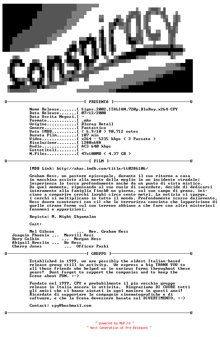 NFO for the release Signs.2002.ITALIAN.720p.BluRay.x264-CPY by CPY