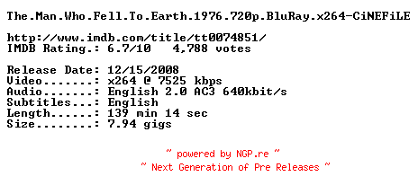 NFO for the release The.Man.Who.Fell.To.Earth.1976.720p.BluRay.x264-CiNEFiLE by CiNEFiLE