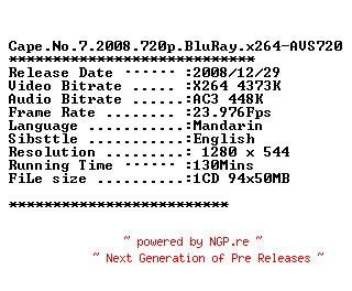 NFO for the release Cape.No.7.2008.720p.BluRay.x264-AVS720 by AVS720