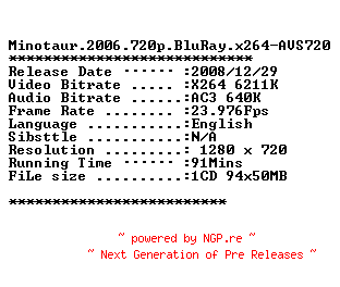 NFO for the release Minotaur.2006.720p.BluRay.x264-AVS720 by AVS720