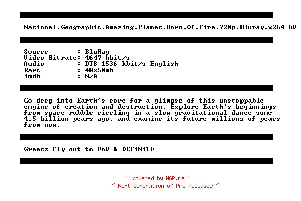 NFO for the release National.Geographic.Amazing.Planet.Born.Of.Fire.720p.Bluray.x264-hV by hV