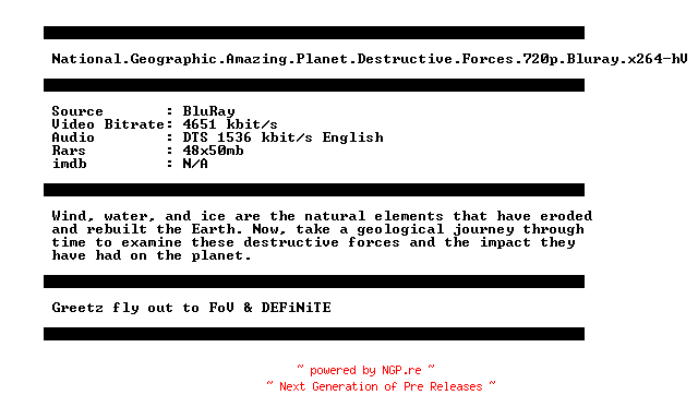 NFO for the release National.Geographic.Amazing.Planet.Destructive.Forces.720p.Bluray.x264-hV by hV