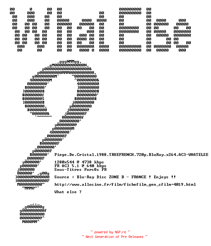 NFO for the release Piege.De.Cristal.1988.TRUEFRENCH.720p.BluRay.x264.AC3-WHATELSE by WHATELSE