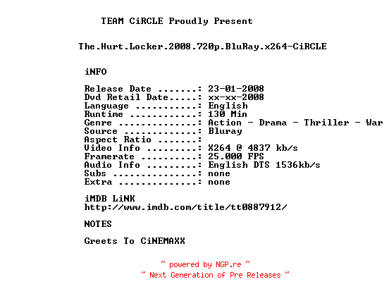 NFO for the release The.Hurt.Locker.2008.720p.BluRay.x264-CiRCLE by CiRCLE