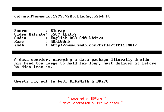 NFO for the release Johnny.Mnemonic.1995.720p.BluRay.x264-hV by hV