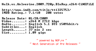 NFO for the release Hulk.vs.Wolverine.2009.720p.BluRay.x264-CiNEFiLE by CiNEFiLE