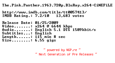 NFO for the release The.Pink.Panther.1963.720p.BluRay.x264-CiNEFiLE by CiNEFiLE