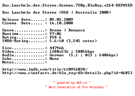NFO for the release Das.Laecheln.der.Sterne.German.720p.BluRay.x264-DEFUSED by DEFUSED