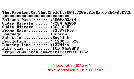 NFO for the release The.Passion.Of.The.Christ.2004.720p.BluRay.x264-AVS720 by AVS720