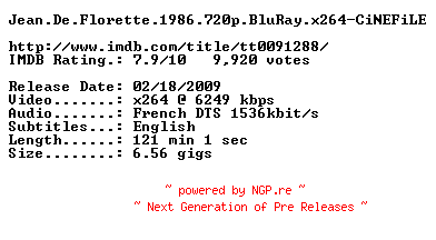 NFO for the release Jean.De.Florette.1986.720p.BluRay.x264-CiNEFiLE by CiNEFiLE