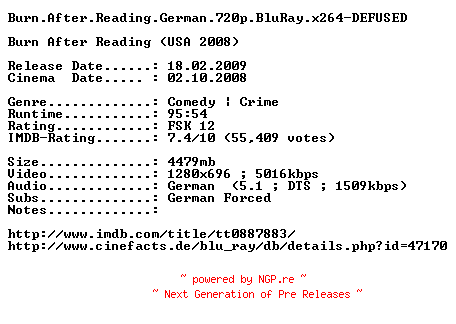 NFO for the release Burn.After.Reading.German.720p.BluRay.x264-DEFUSED by DEFUSED