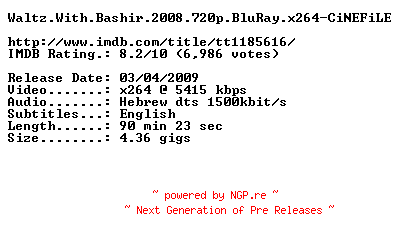 NFO for the release Waltz.With.Bashir.2008.720p.BluRay.x264-CiNEFiLE by CiNEFiLE