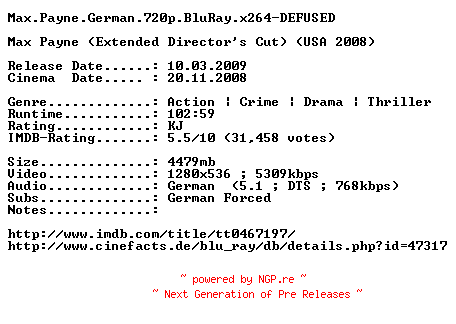 NFO for the release Max.Payne.German.720p.BluRay.x264-DEFUSED by DEFUSED