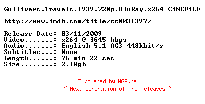 NFO for the release Gullivers.Travels.1939.720p.BluRay.x264-CiNEFiLE by CiNEFiLE
