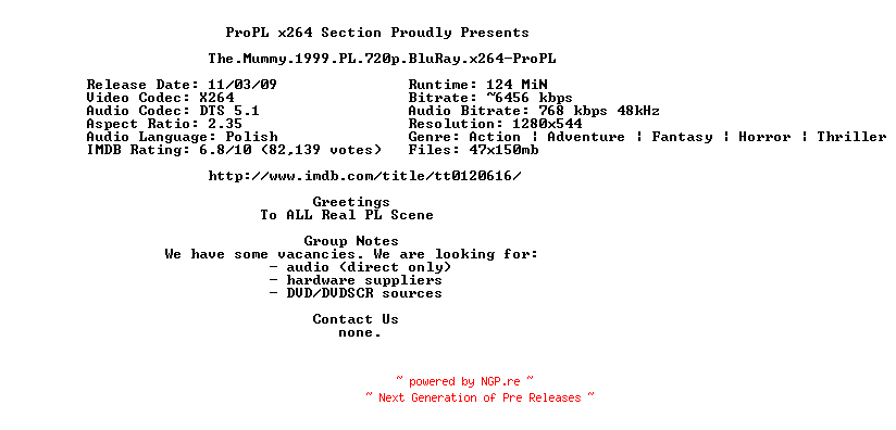 NFO for the release The.Mummy.1999.PL.720p.BluRay.x264-ProPL by ProPL