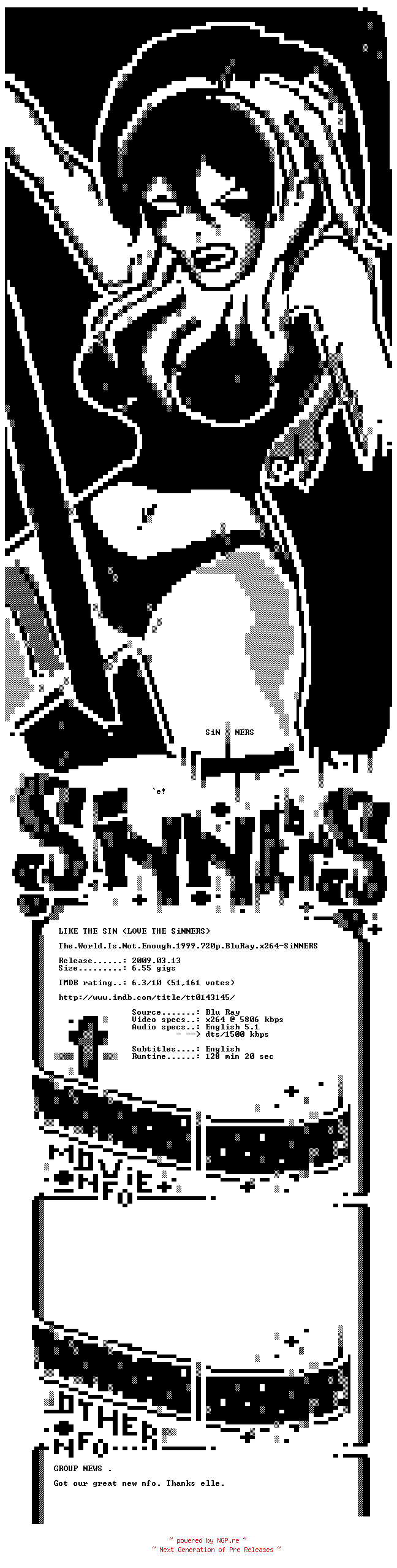 NFO for the release The.World.Is.Not.Enough.1999.720p.BluRay.x264-SiNNERS by SiNNERS