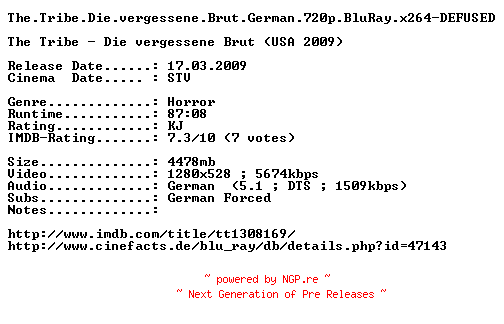 NFO for the release The.Tribe.Die.vergessene.Brut.German.720p.BluRay.x264-DEFUSED by DEFUSED