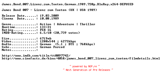 NFO for the release James.Bond.007.Lizenz.zum.Toeten.German.1989.720p.BluRay.x264-DEFUSED by DEFUSED