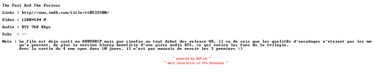 NFO for the release The.Fast.And.The.Furious.2001.720p.FRENCH.BluRay.x264-ForceBleue by ForceBleue