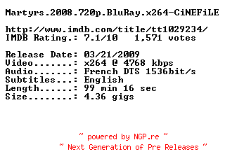 NFO for the release Martyrs.2008.720p.BluRay.x264-CiNEFiLE by CiNEFiLE