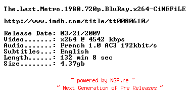 NFO for the release The.Last.Metro.1980.720p.BluRay.x264-CiNEFiLE by CiNEFiLE