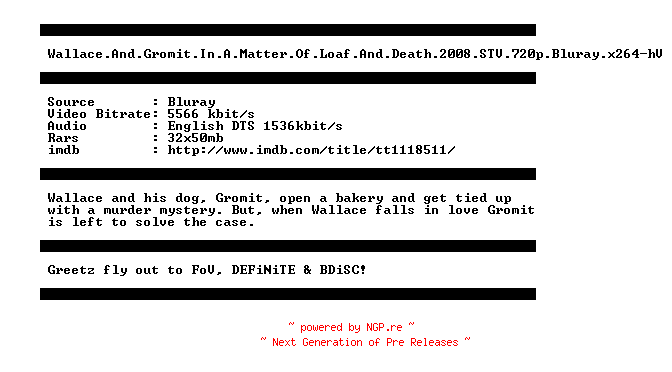 NFO for the release Wallace.And.Gromit.In.A.Matter.Of.Loaf.And.Death.2008.STV.720p.Bluray.x264-hV by hV