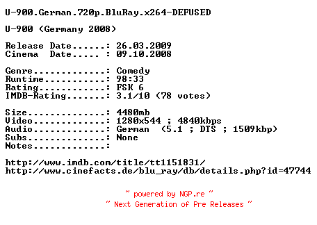 NFO for the release U-900.German.720p.BluRay.x264-DEFUSED by DEFUSED