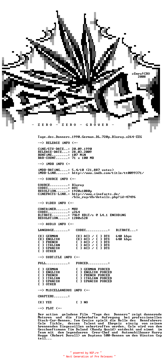 NFO for the release Tage.des.Donners.1990.German.DL.720p.Bluray.x264-ZZG by ZZG
