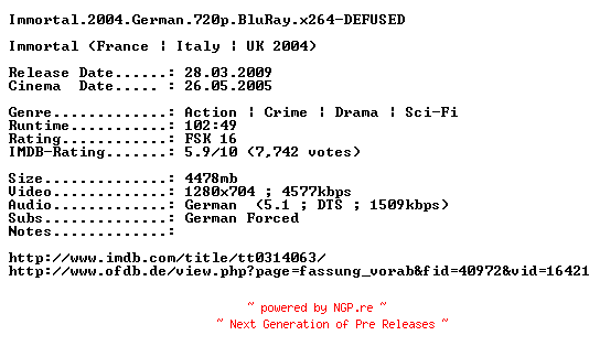 NFO for the release Immortal.2004.German.720p.BluRay.x264-DEFUSED by DEFUSED