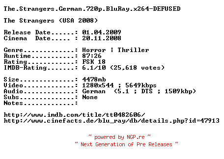 NFO for the release The.Strangers.German.720p.BluRay.x264-DEFUSED by DEFUSED