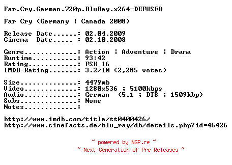 NFO for the release Far.Cry.German.720p.BluRay.x264-DEFUSED by DEFUSED