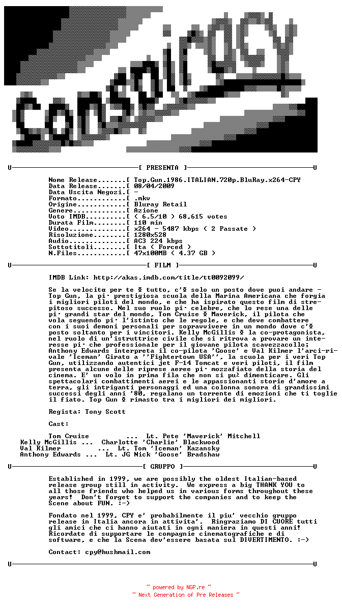 NFO for the release Top.Gun.1986.ITALIAN.720p.BluRay.x264-CPY by CPY
