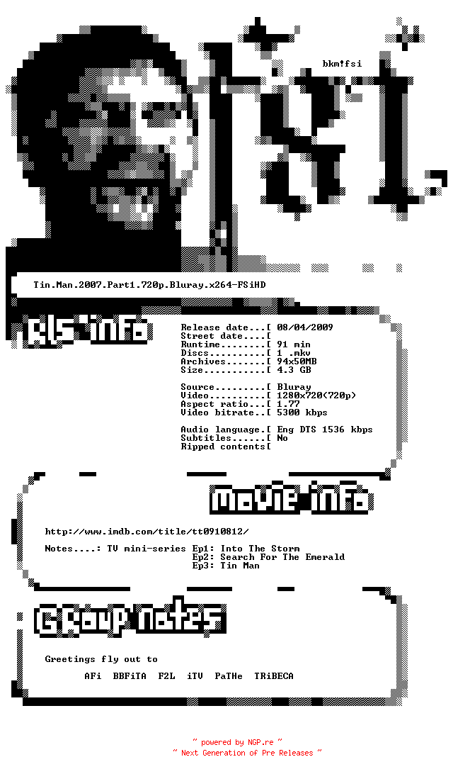NFO for the release Tin.Man.2007.Part1.720p.Bluray.x264-FSiHD by FSiHD